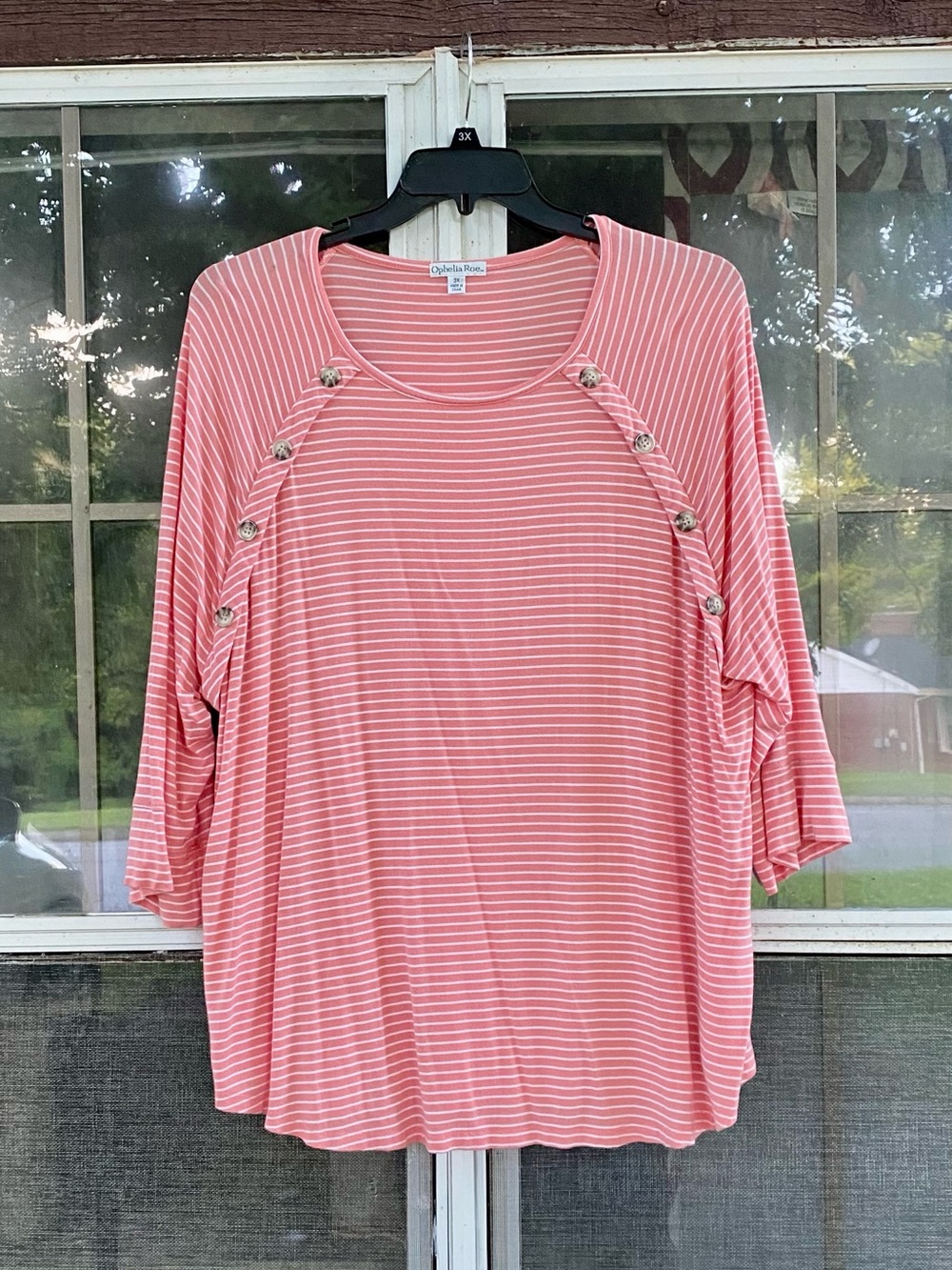 Ophelia Roe Striped Coral Peach Salmon Orange Button Accents 3X Top Shirt